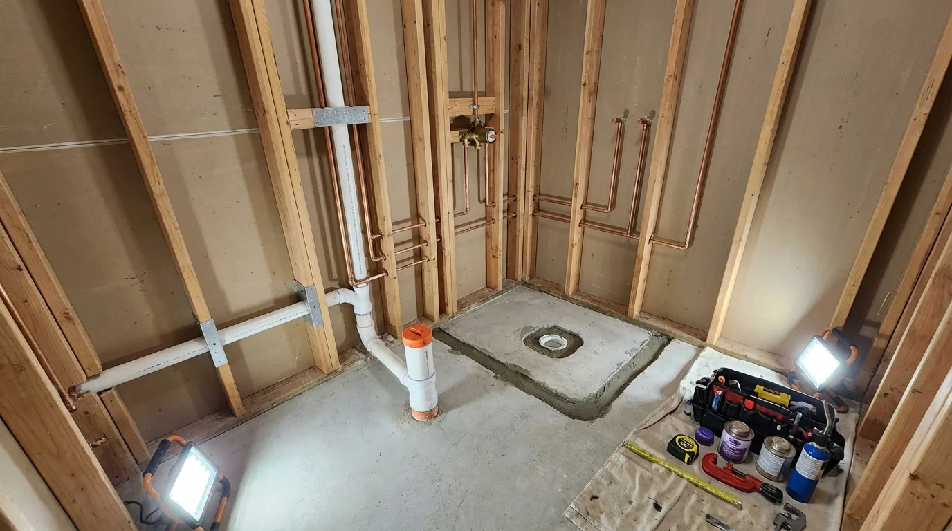 Bathroom rough-in plumbing during remodel by Johns Plumbing LLC in Freeman