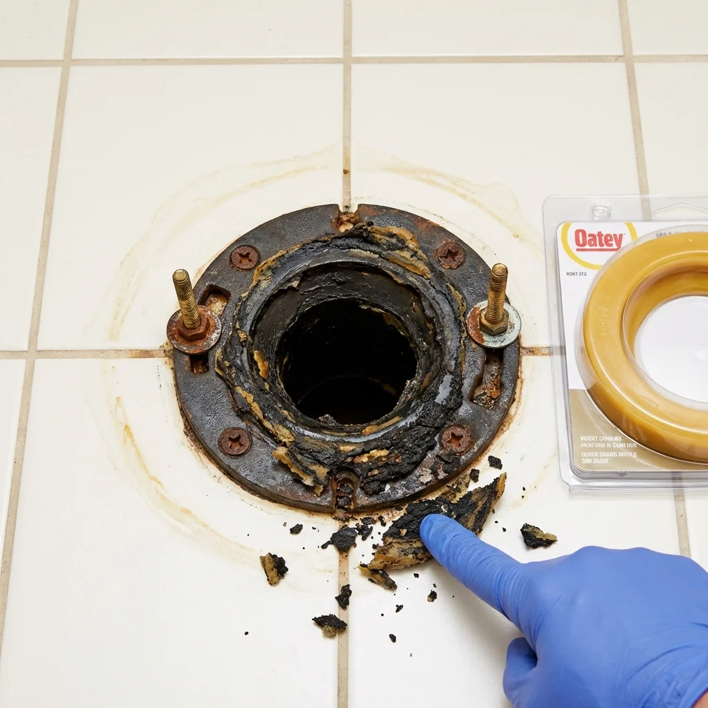 Failed wax ring showing water seepage at the base of a toilet in a Freeman, SD home