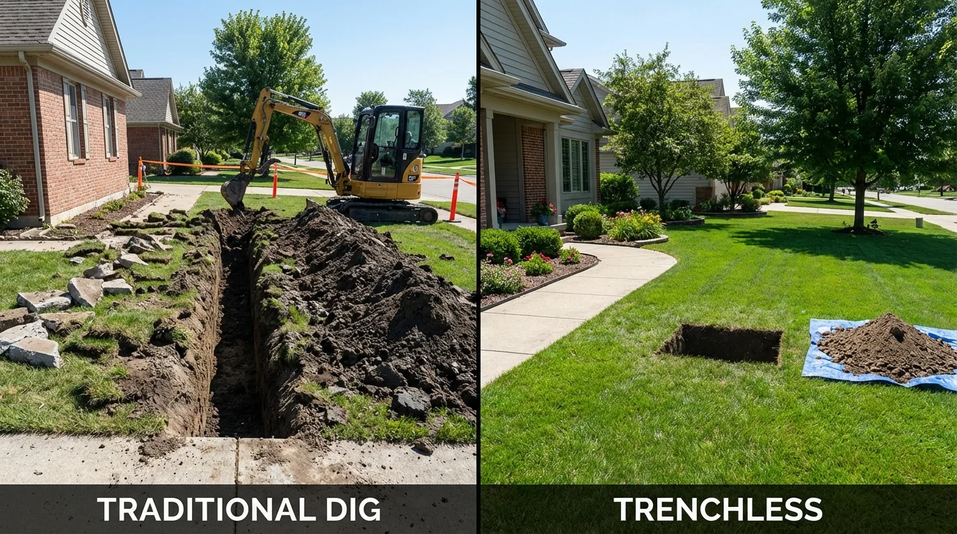 Trenchless sewer repair with minimal yard damage versus traditional excavation in Freeman, SD