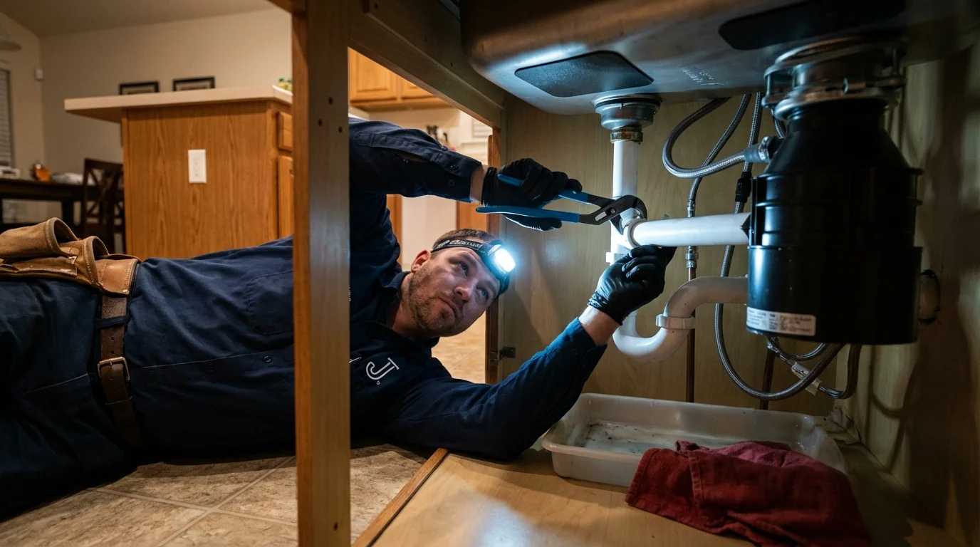 P-trap and supply line connections under a kitchen sink showing a common leak point in Freeman, SD